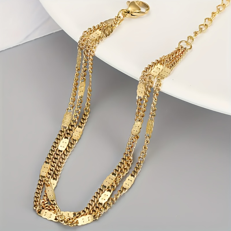 Women's Elegant Golden Triple Layered Chain Ankle Bracelet, Vacation Style